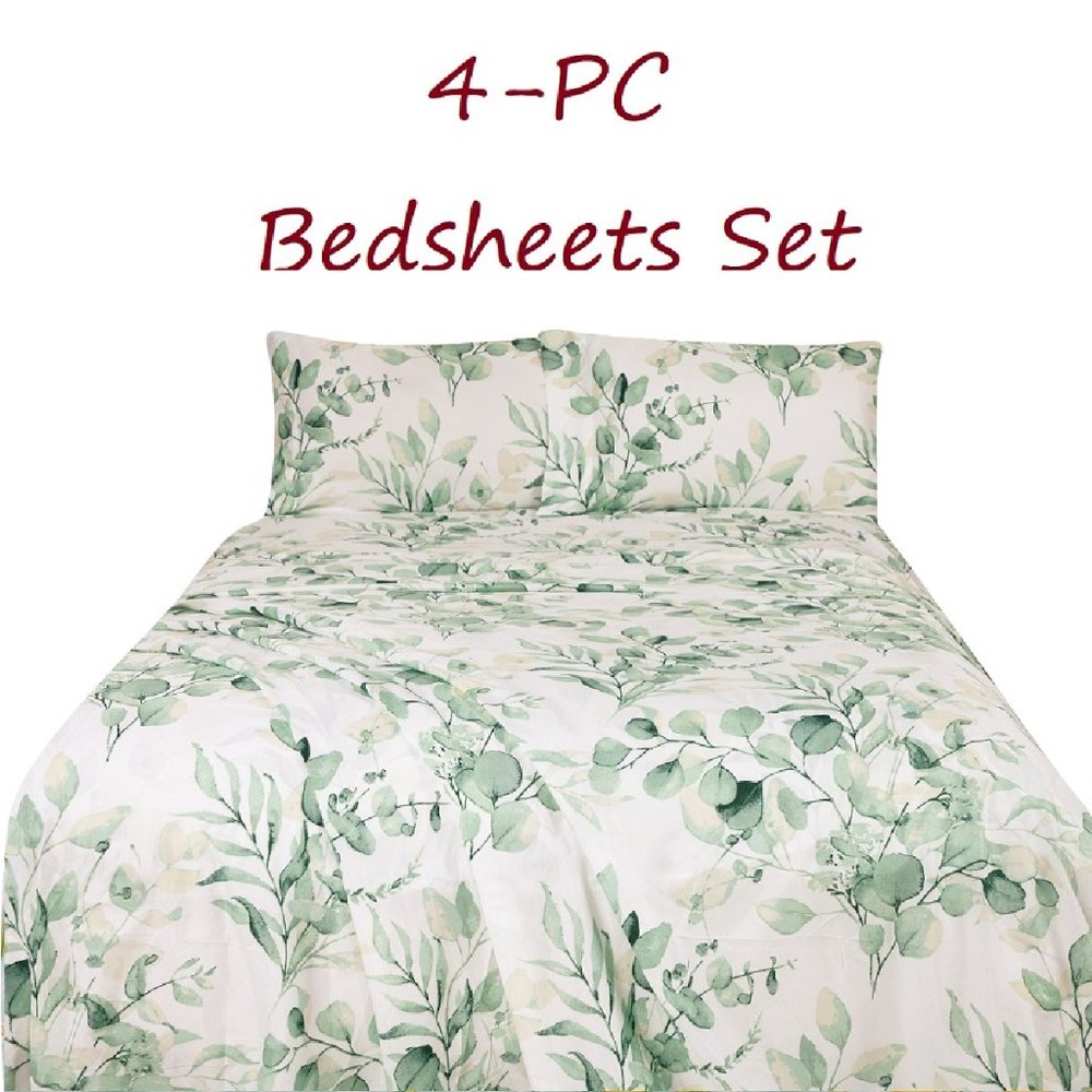 Botanical Print Bed Sheets Set 4-pc Green Full Queen King size